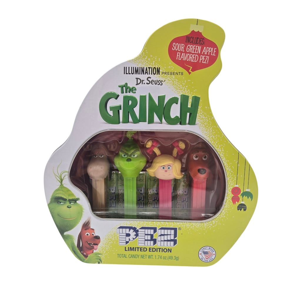 PEZ The Grinch Limited Edition Gift Tin 4 Dispensers Sour Green Apple Candy 2018